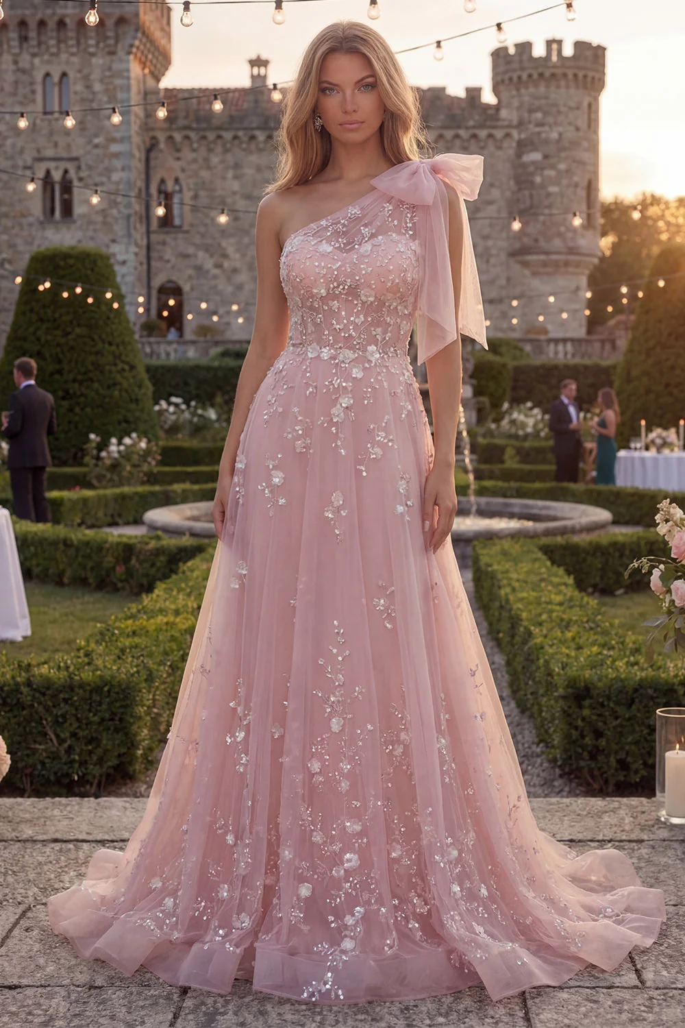 Robe de bal longue en tulle perlé à un nœud en ligne en A bleu scintillant avec des appliques - Image 5