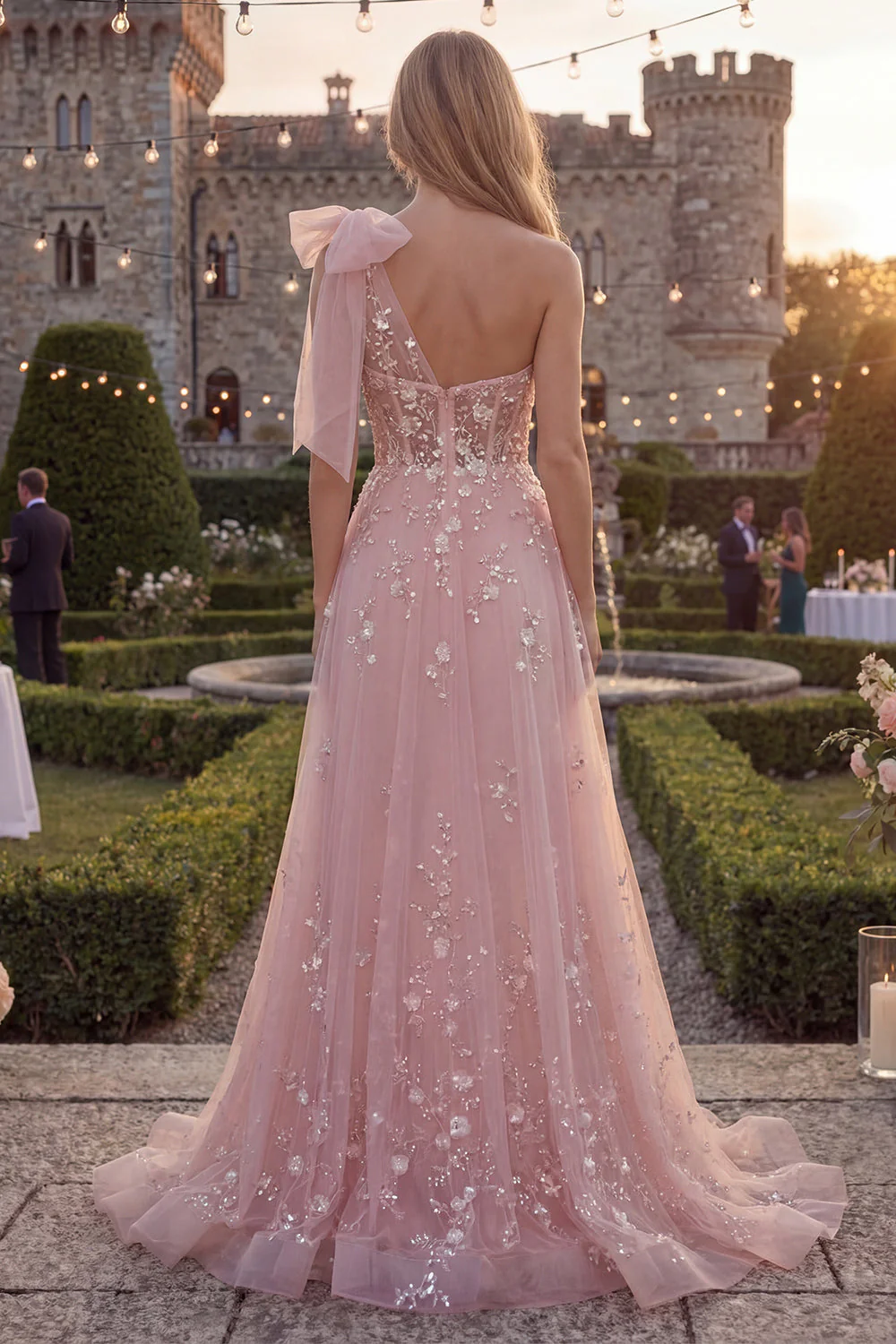 Robe de bal longue en tulle perlé à un nœud en ligne en A bleu scintillant avec des appliques - Image 6