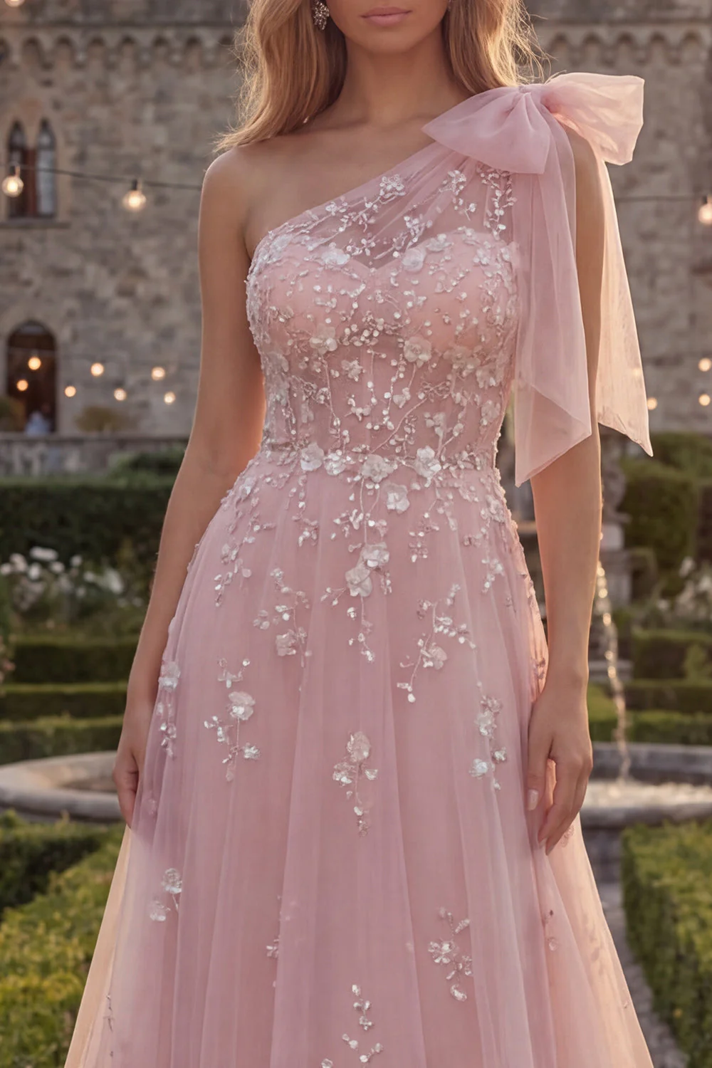 Robe de bal longue en tulle perlé à un nœud en ligne en A bleu scintillant avec des appliques - Image 7
