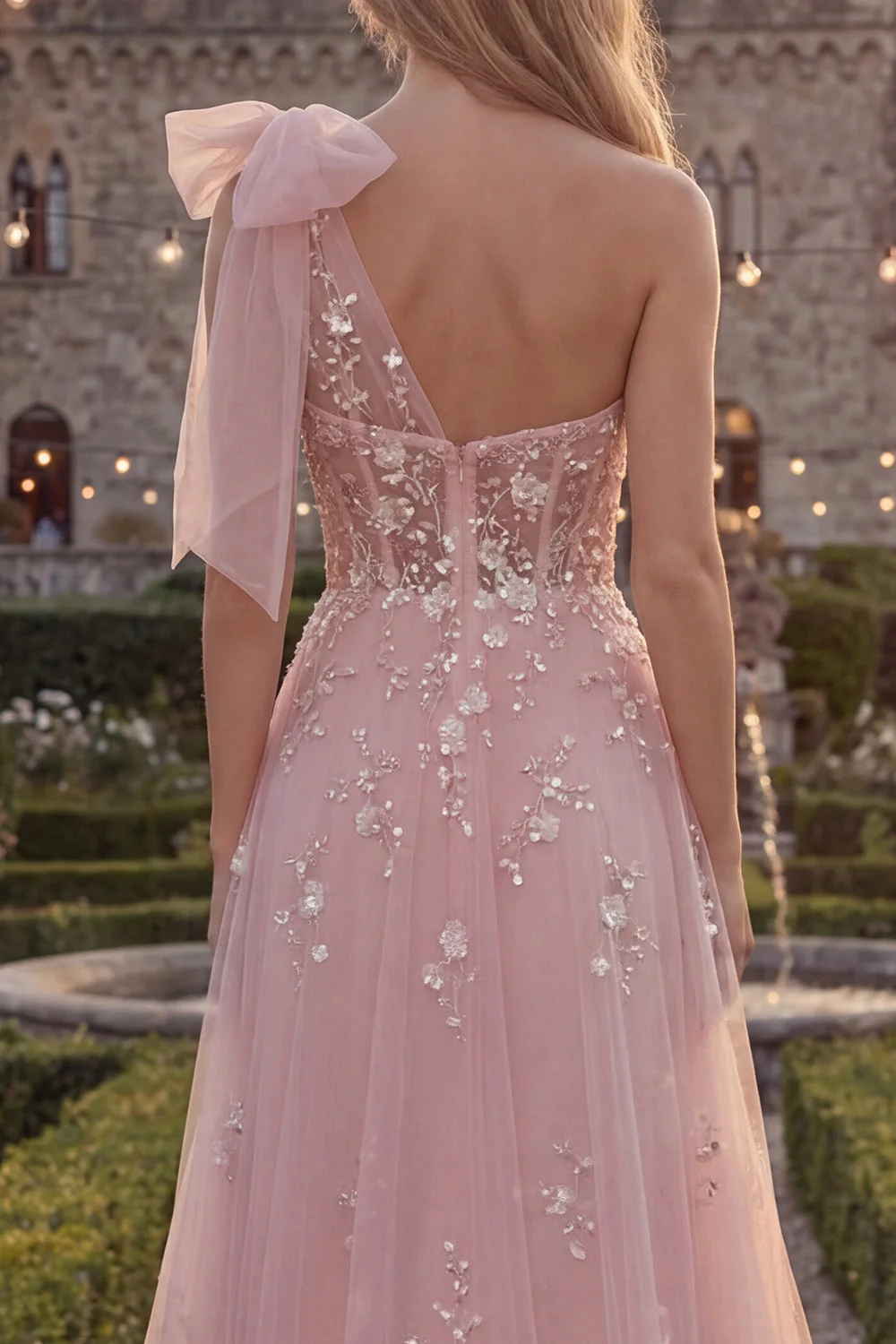 Robe de bal longue en tulle perlé à un nœud en ligne en A bleu scintillant avec des appliques - Image 8