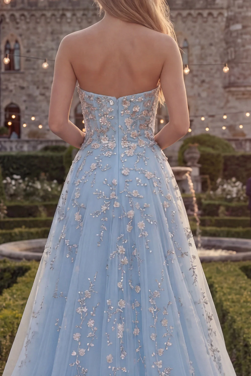 Robe de bal longue en tulle perlé bleu bleu scintillant en ligne A avec des appliques - Image 4