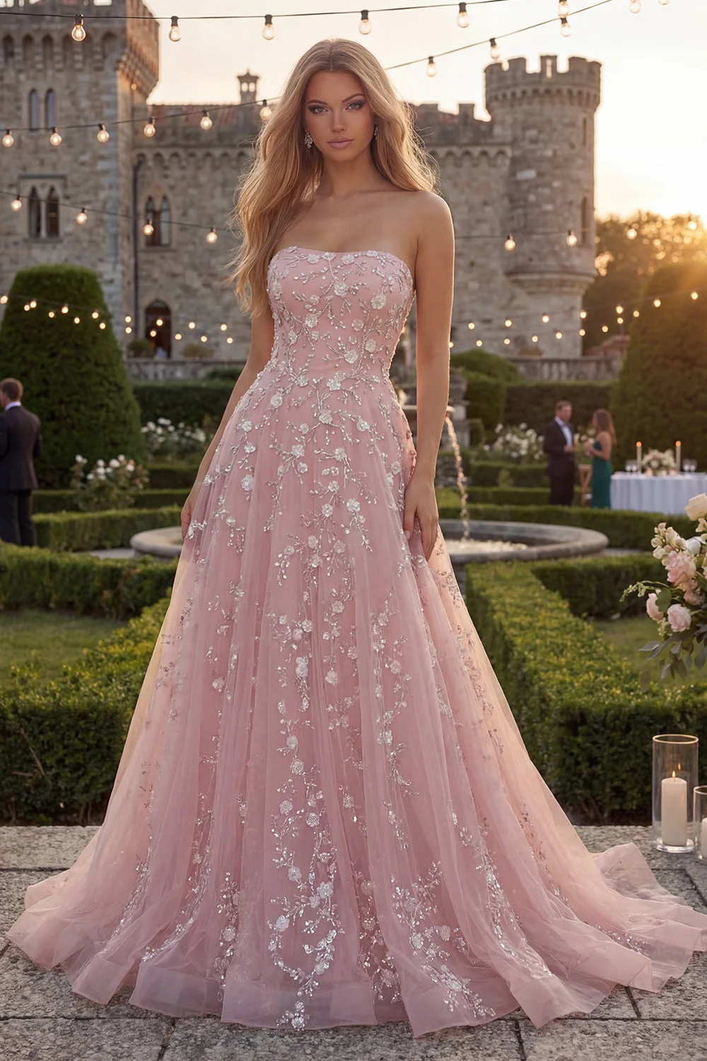 Robe de bal longue en tulle perlé bleu bleu scintillant en ligne A avec des appliques - Image 5