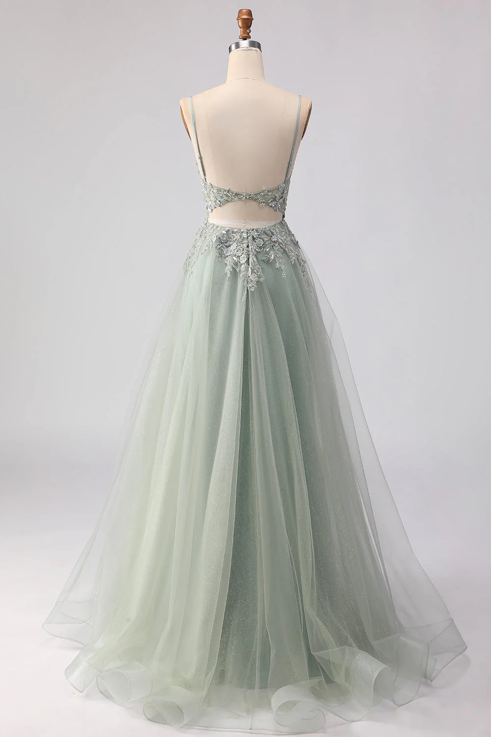 Robe de bal longue en tulle perlée vert sauge avec broderie - Image 2
