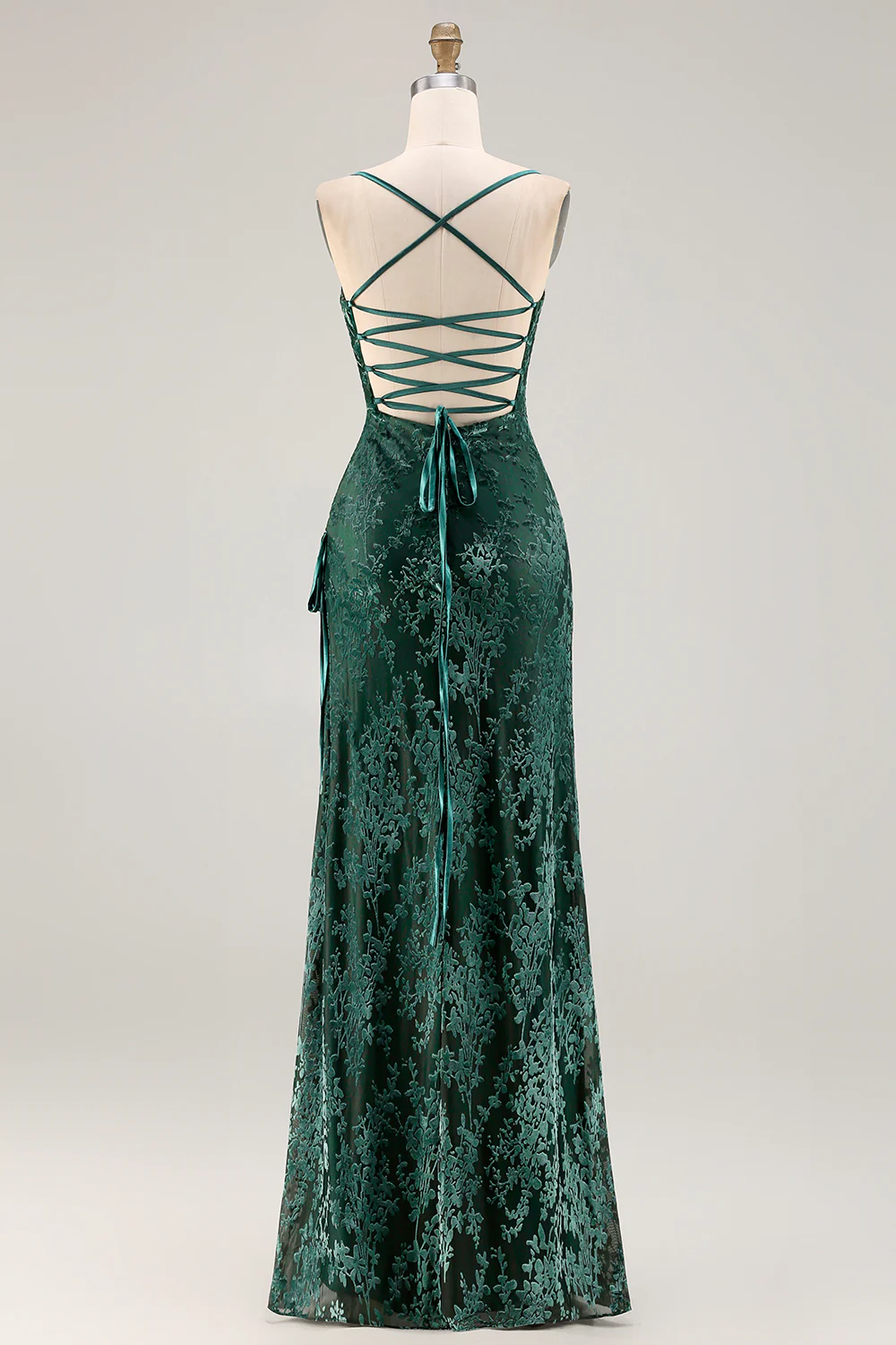 Robe de soirée longue vert foncé en velours burnout - Image 14