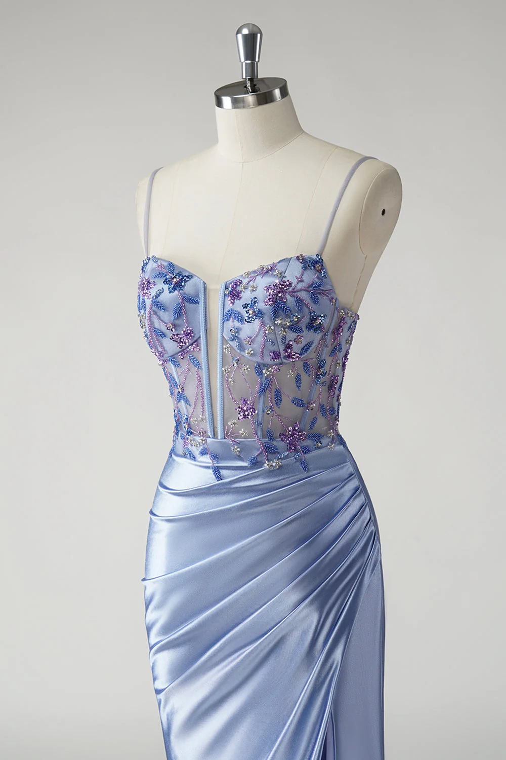 Robe de bal longue fleurie en satin sirène bleu scintillant avec fente - Image 6