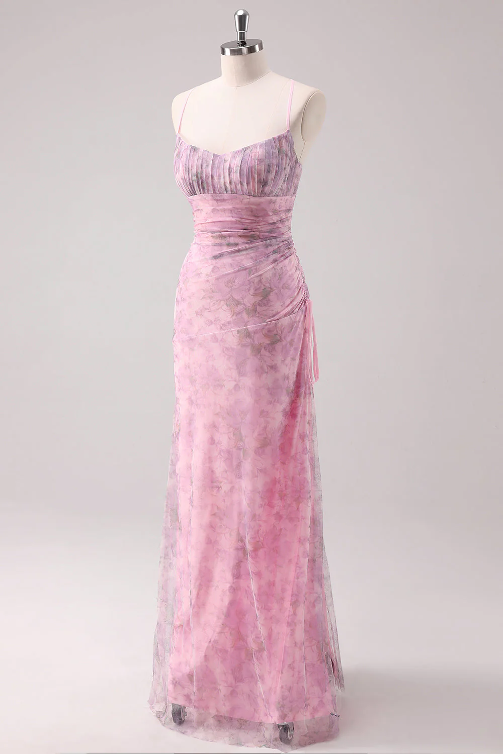 Robe de soirée longue fourreau à bretelles spaghetti florales roses - Image 3