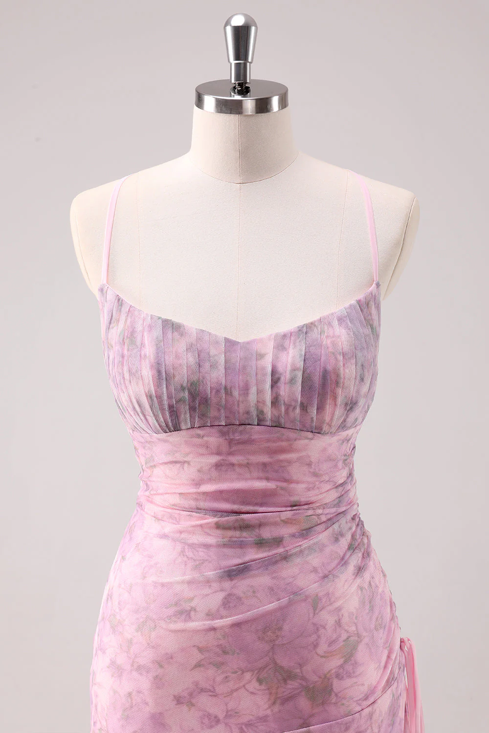 Robe de soirée longue fourreau à bretelles spaghetti florales roses - Image 4