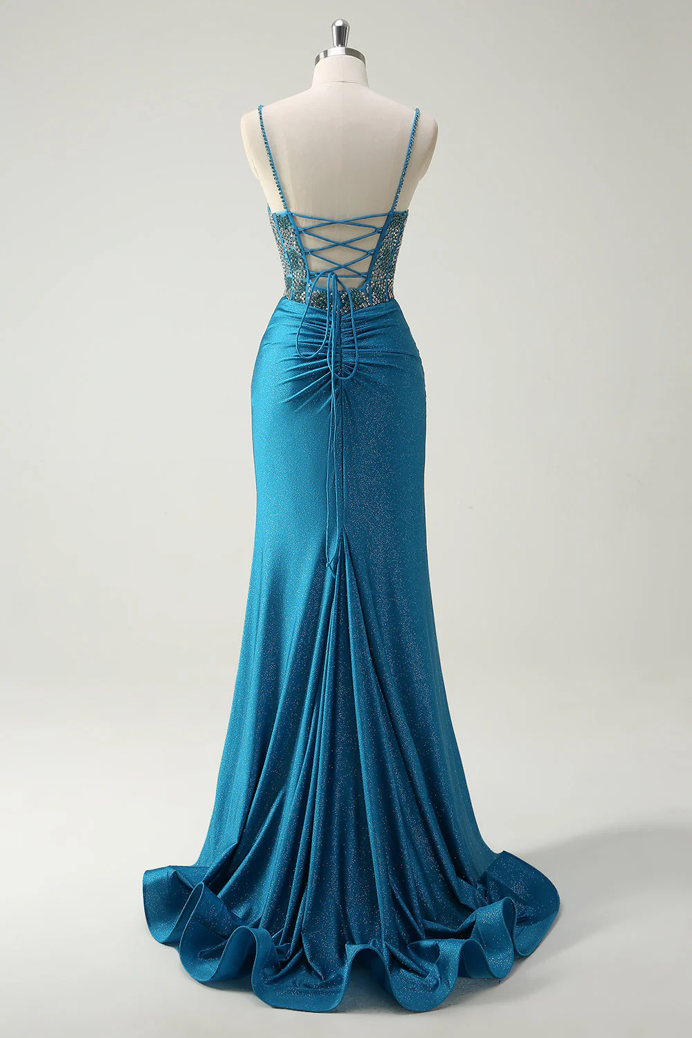 Robe de soirée longue froncée à bretelles spaghetti bleues scintillantes à col en V avec perles - Image 2