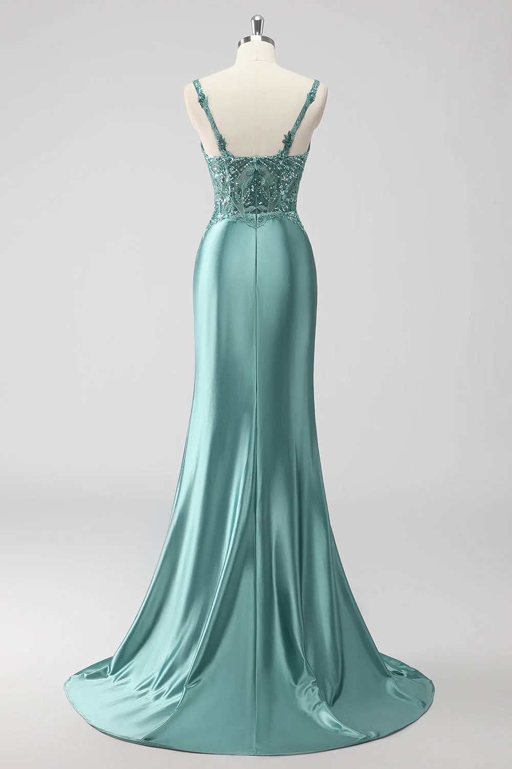 Robe de soirée longue froncée en satin à paillettes vertes avec fente - Image 2