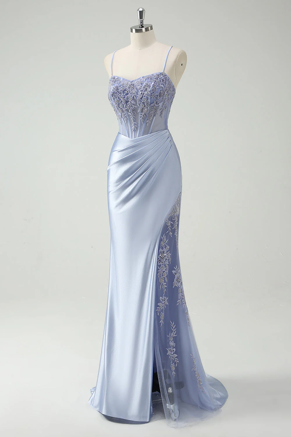 Robe de bal longue froncée sirène bleu clair avec perles appliquées - Image 3
