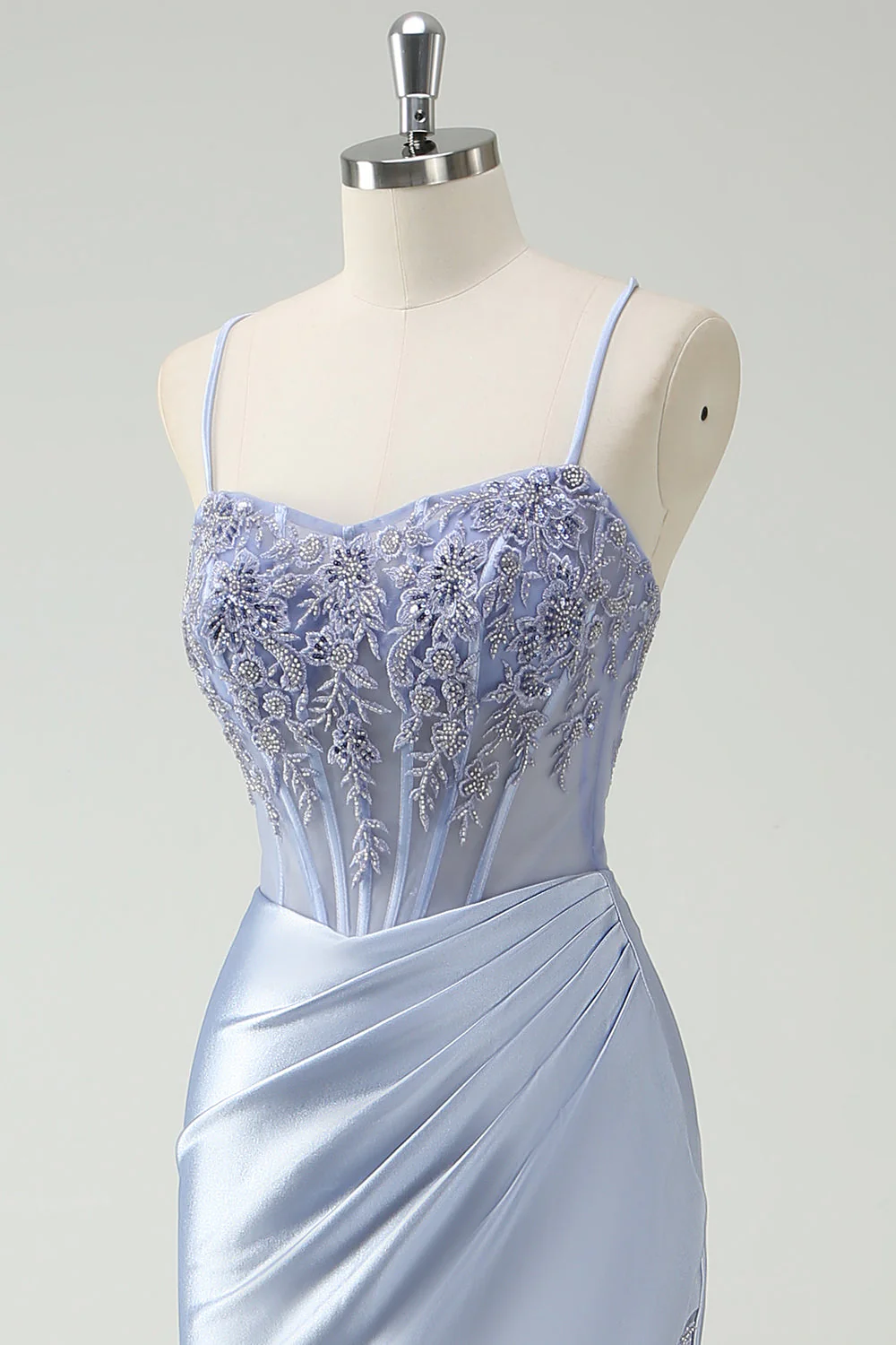 Robe de bal longue froncée sirène bleu clair avec perles appliquées - Image 6