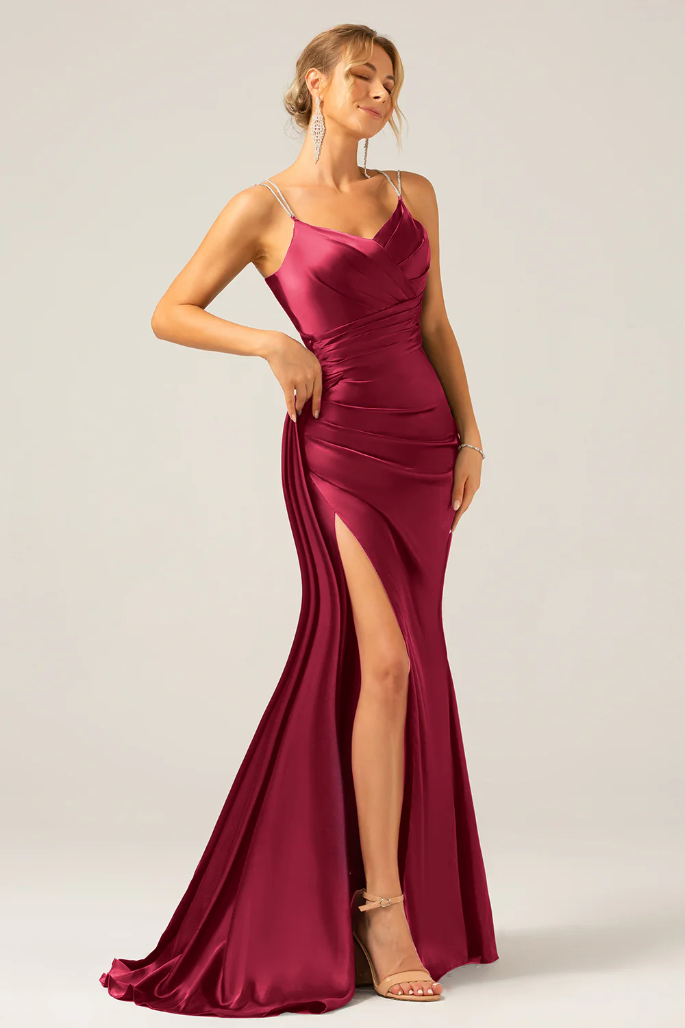 Robe de bal longue froncée sirène bleu marine avec fente - Image 14