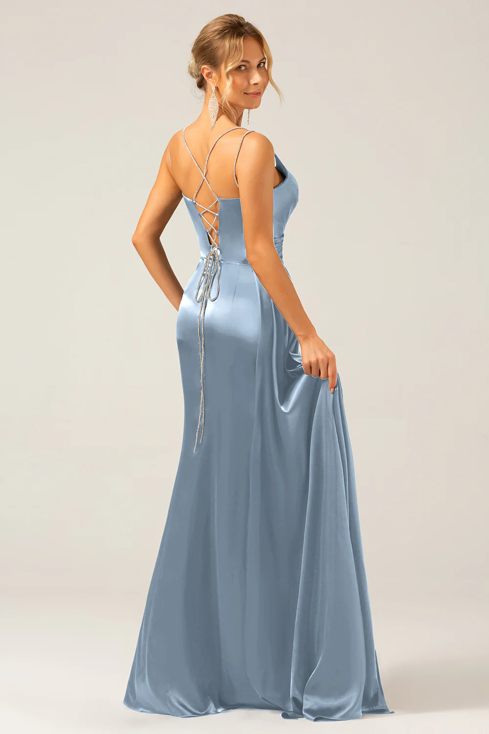 Robe de bal longue froncée sirène bleu marine avec fente - Image 19