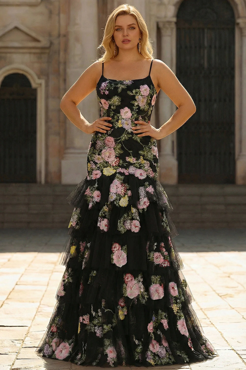 Robe de bal longue grande taille à volants en forme de fleur rose noire et sirène à volants, lacet dans le dos