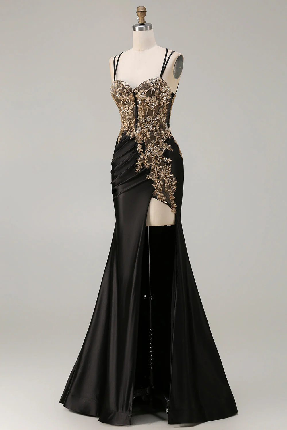 Robe de bal longue grande taille brodée à perles de sirène noire brodée de sequins - Image 7