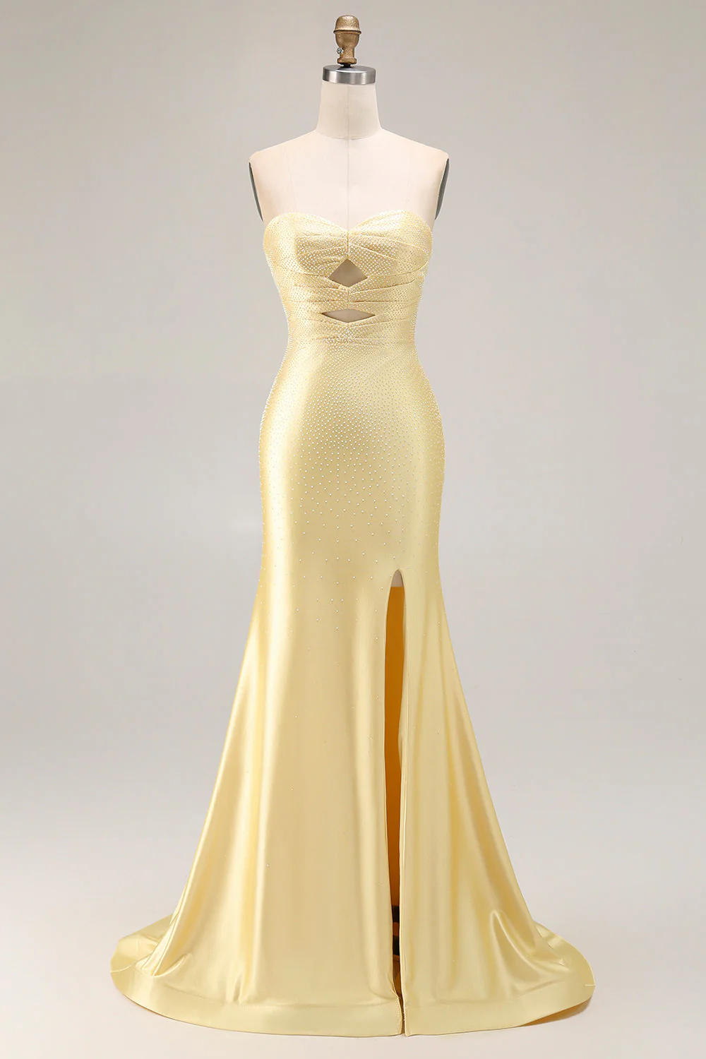 Robe de soirée longue jaune sirène découpée sans bustier avec fente - Image 3
