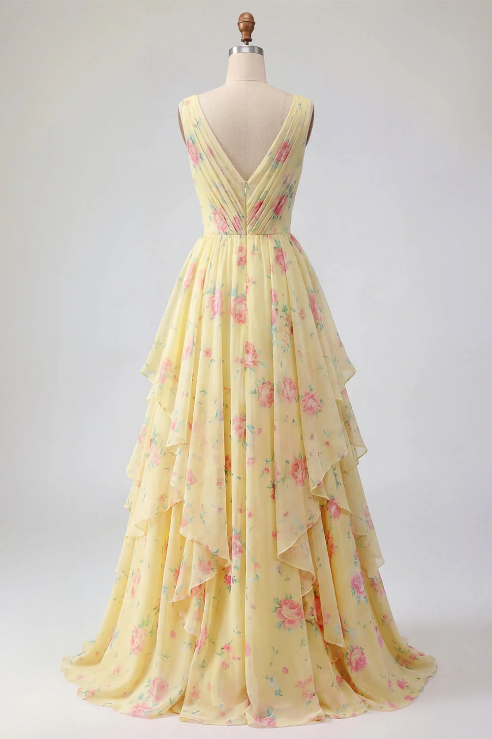 Robe de bal longue jaune fleurie, col en V, volants et nœud - Image 2