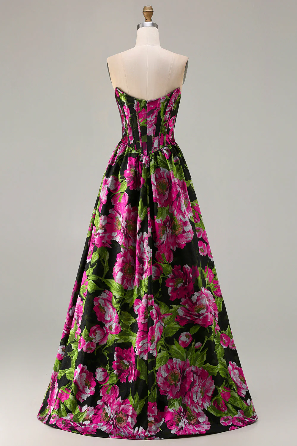 Robe de bal longue longue à motifs floraux imprimé corset noir sans bretelles - Image 2