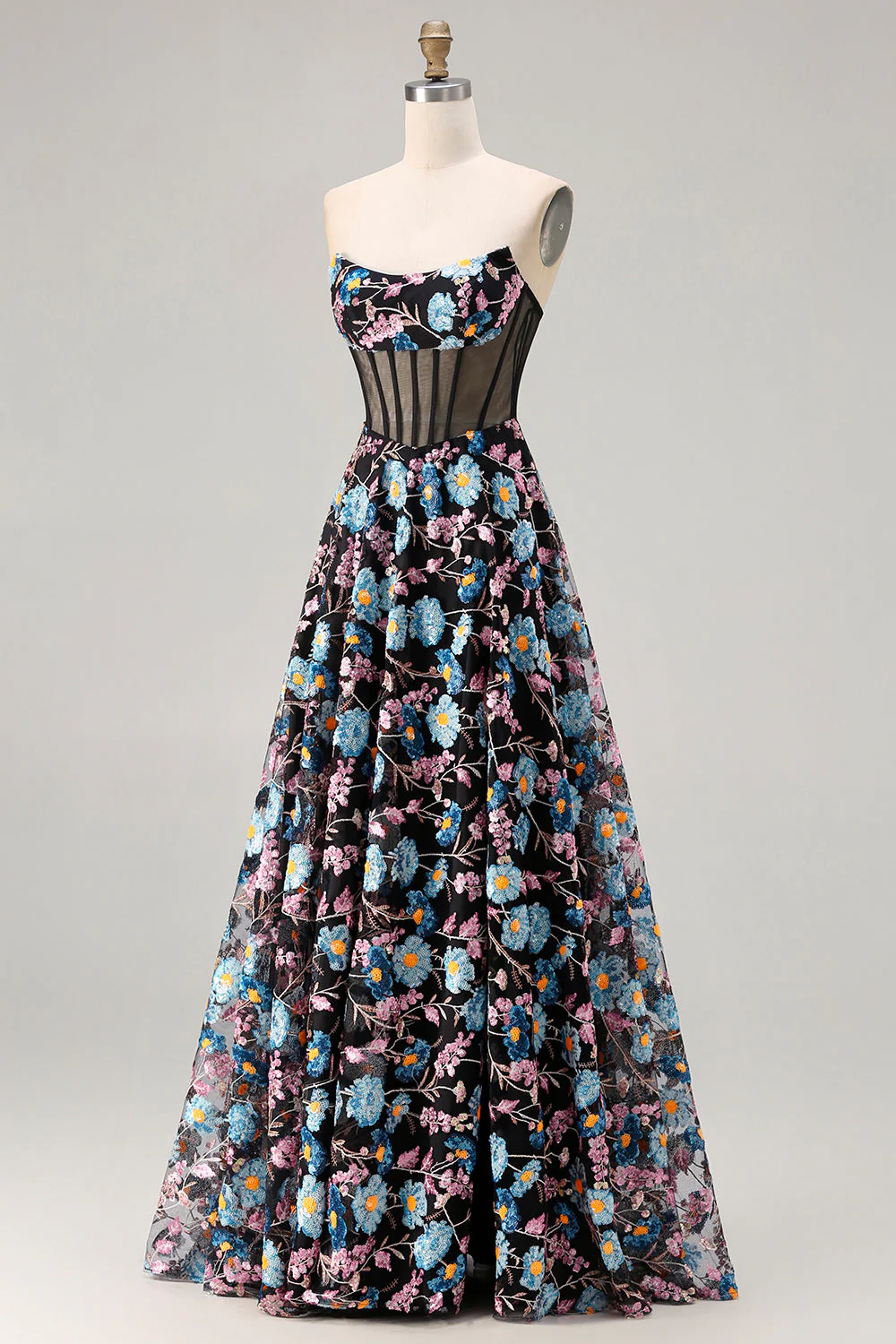Robe de bal longue longue à motifs floraux imprimé corset noir sans bustier noir A Line avec fente - Image 3