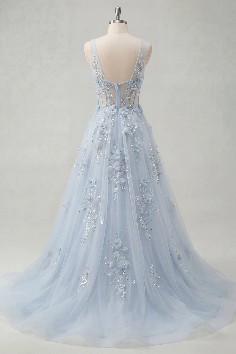 Robe de bal longue longue corset bleu en V à col en V en ligne appliquée avec fente - Image 2