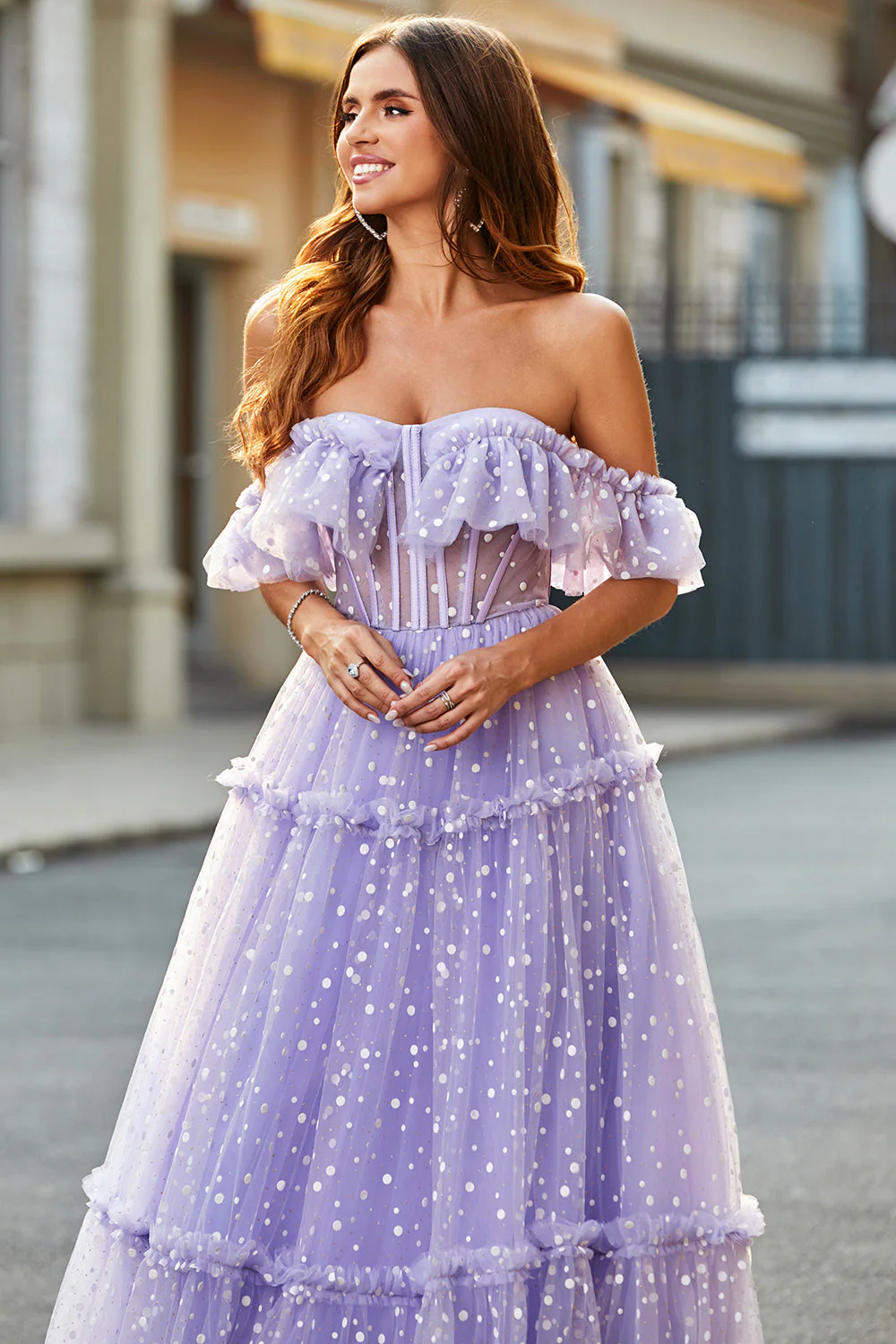 Robe de soirée longue longue corset lilas à épaules dénudées - Image 3