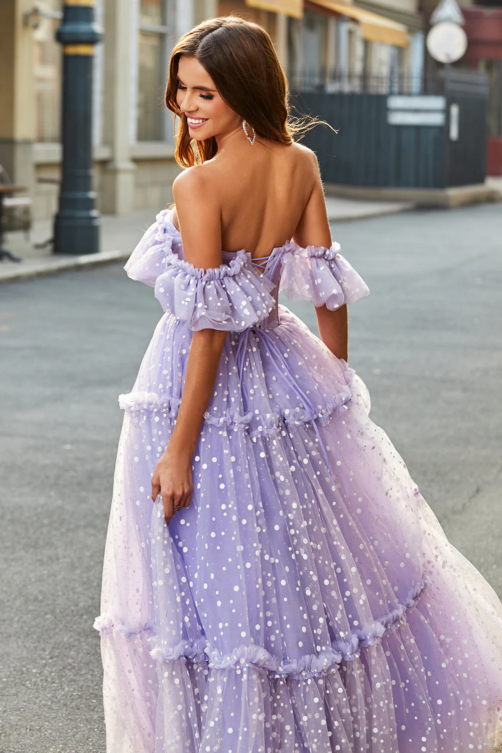 Robe de soirée longue longue corset lilas à épaules dénudées - Image 4
