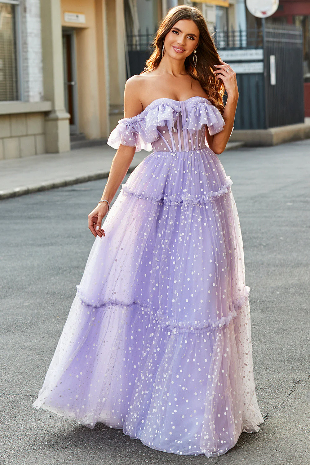 Robe de soirée longue longue corset lilas à épaules dénudées - Image 5