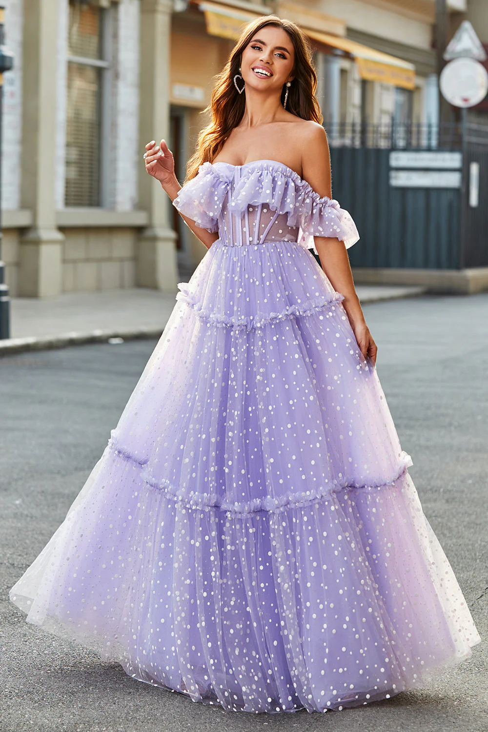 Robe de soirée longue longue corset lilas à épaules dénudées - Image 6