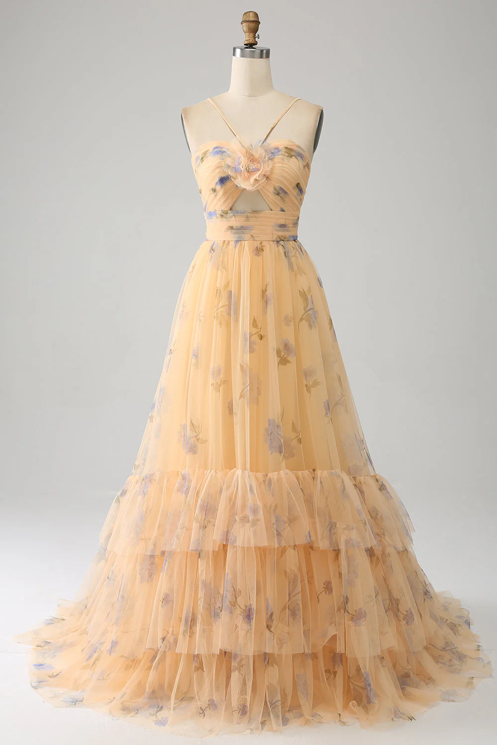 Robe de soirée longue longue en Tulle plissé dos nu jaune avec broderie - Image 3