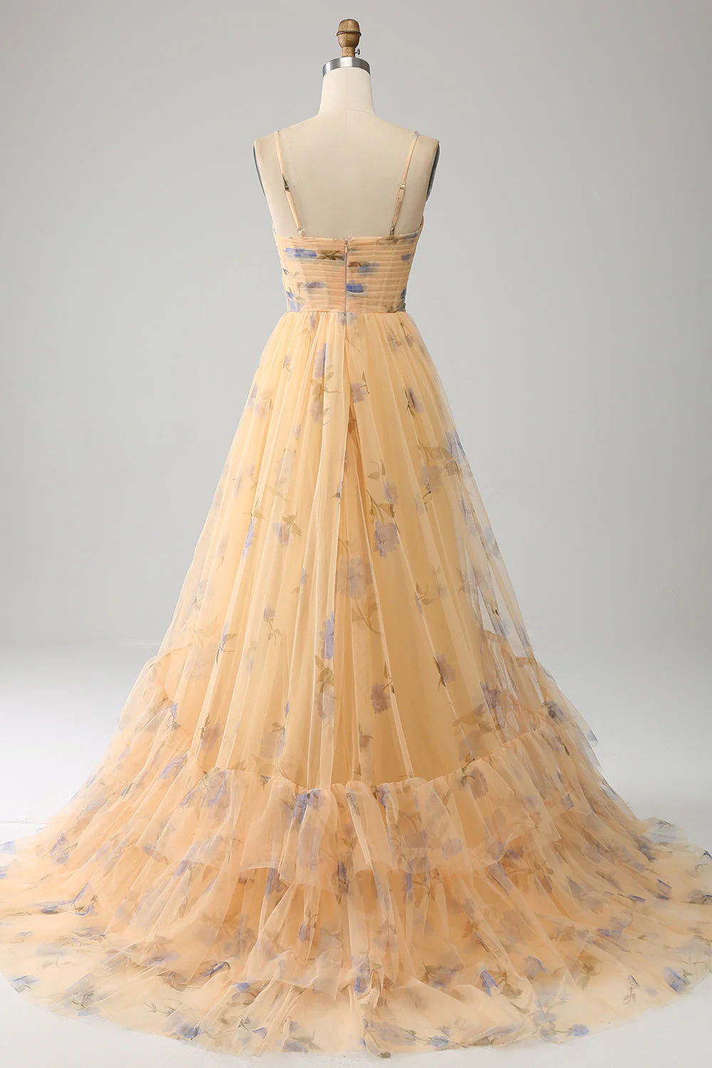Robe de soirée longue longue en Tulle plissé dos nu jaune avec broderie - Image 4