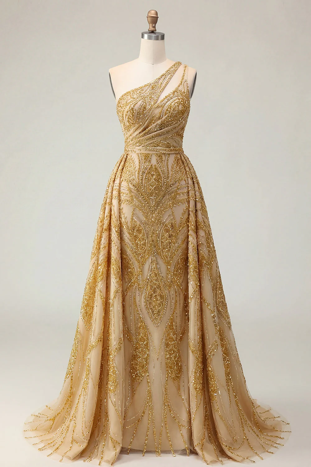 Robe de bal longue longue perlée d’une épaule en sirène dorée scintillante avec traîne de chapelle