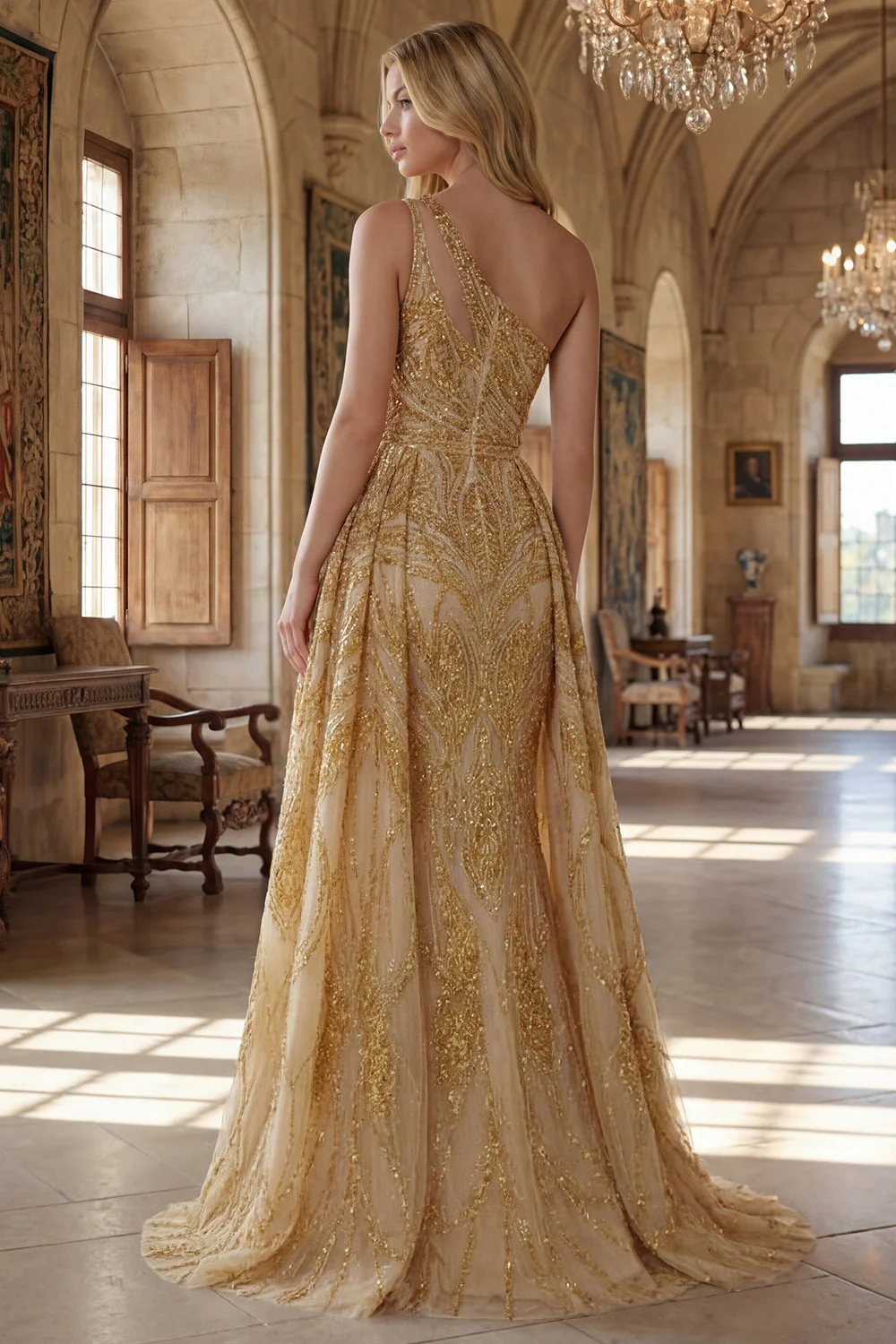 Robe de bal longue longue perlée d’une épaule en sirène dorée scintillante avec traîne de chapelle - Image 4