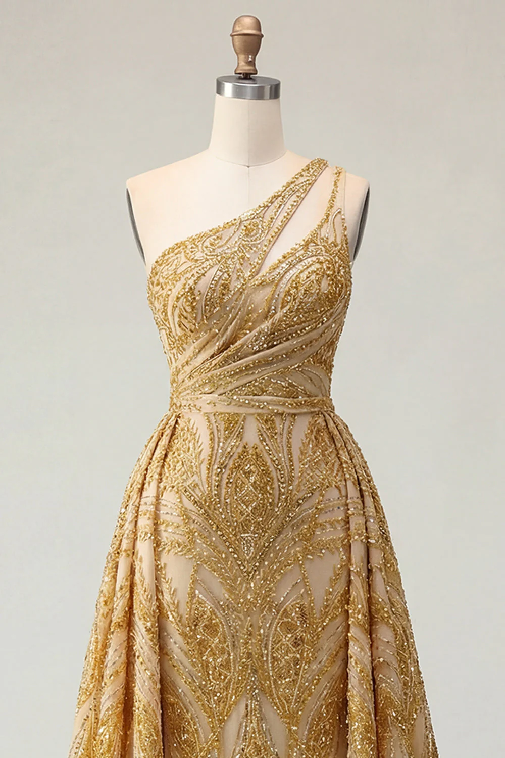 Robe de bal longue longue perlée d’une épaule en sirène dorée scintillante avec traîne de chapelle - Image 5