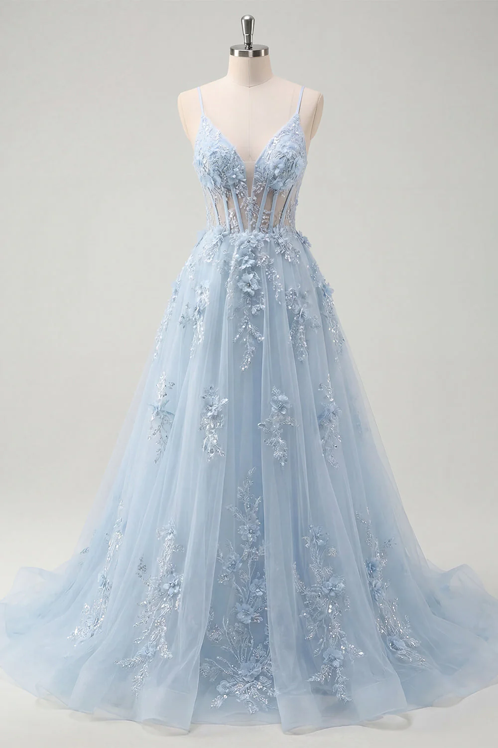 Robe de bal longue longue robe de bal à bretelles fines bleues à bretelles bleues à perles transparentes