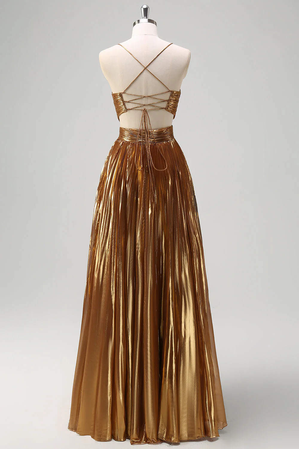 Robe de bal longue métallisée froncée à bretelles spaghetti dorées scintillantes découpées - Image 2