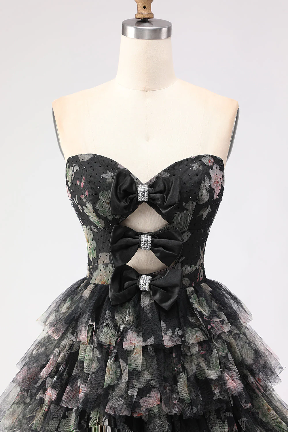 Robe de bal longue noire à volants à volants en A, découpe brette avec nœuds - Image 4