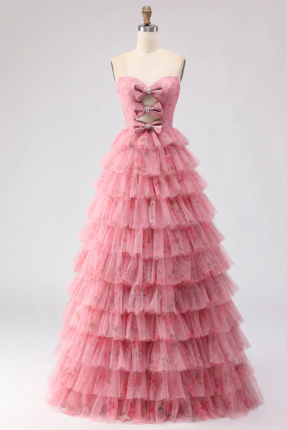 Robe de bal longue noire à volants à volants en A, découpe brette avec nœuds - Image 7