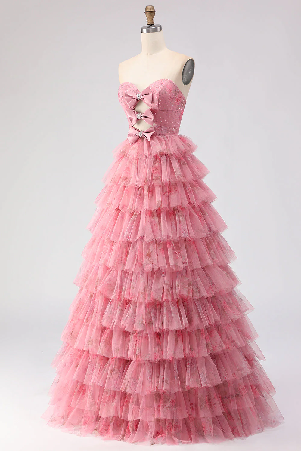 Robe de bal longue noire à volants à volants en A, découpe brette avec nœuds - Image 9