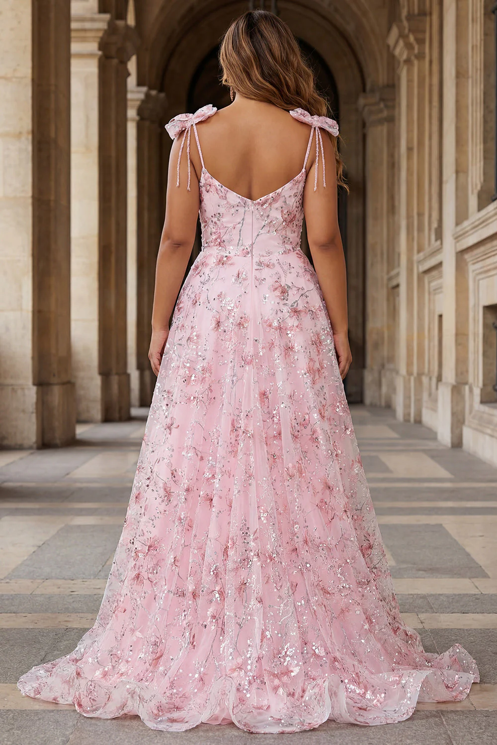 Robe de bal longue paillettes rose rose à paillettes florales grande taille avec nœuds - Image 2