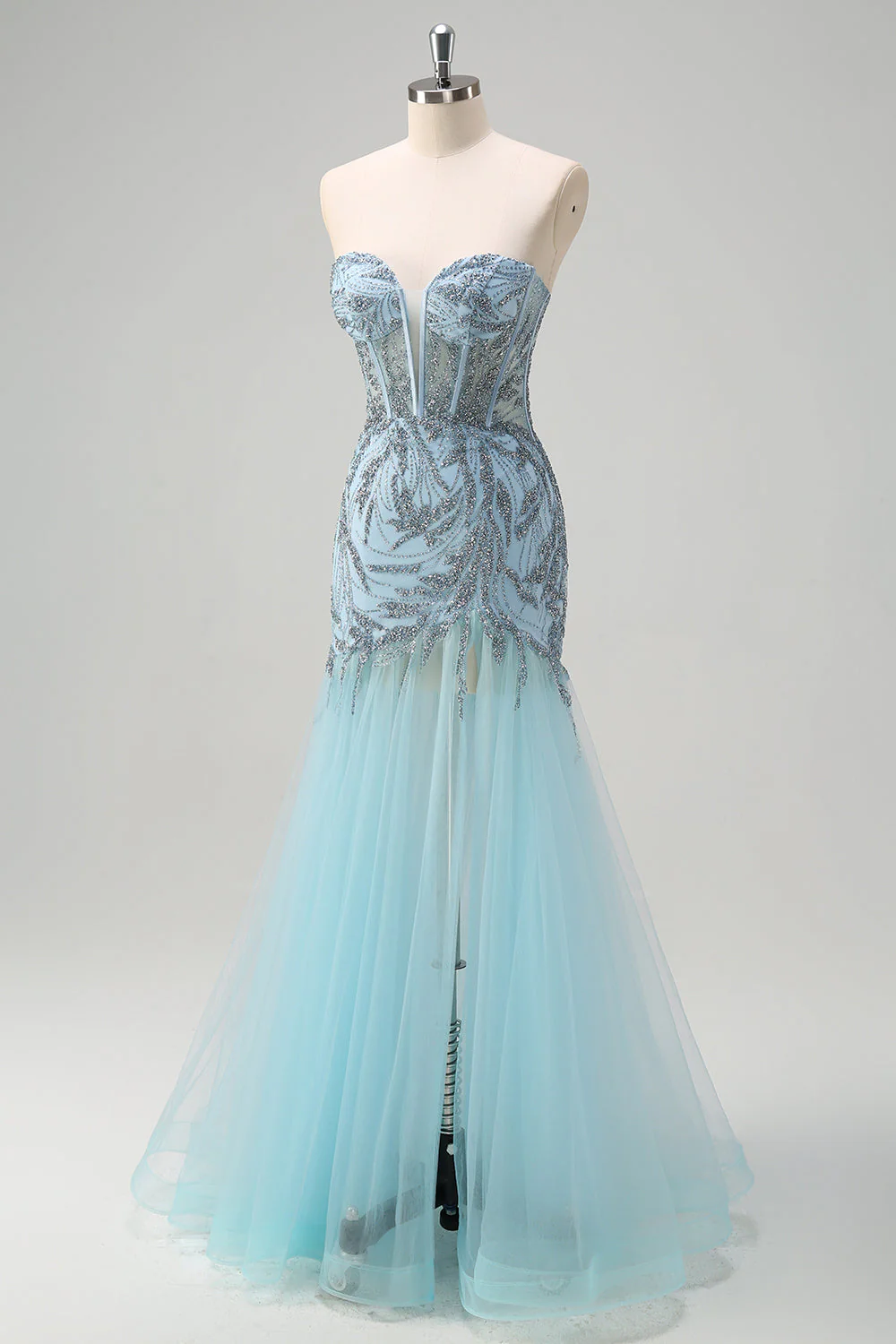 Robe de bal longue perlée corset sirène bleu clair scintillante avec fente - Image 3