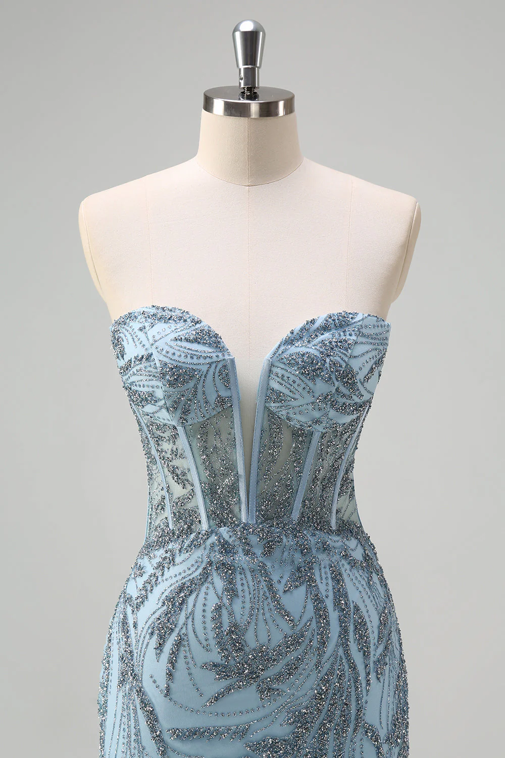 Robe de bal longue perlée corset sirène bleu clair scintillante avec fente - Image 4