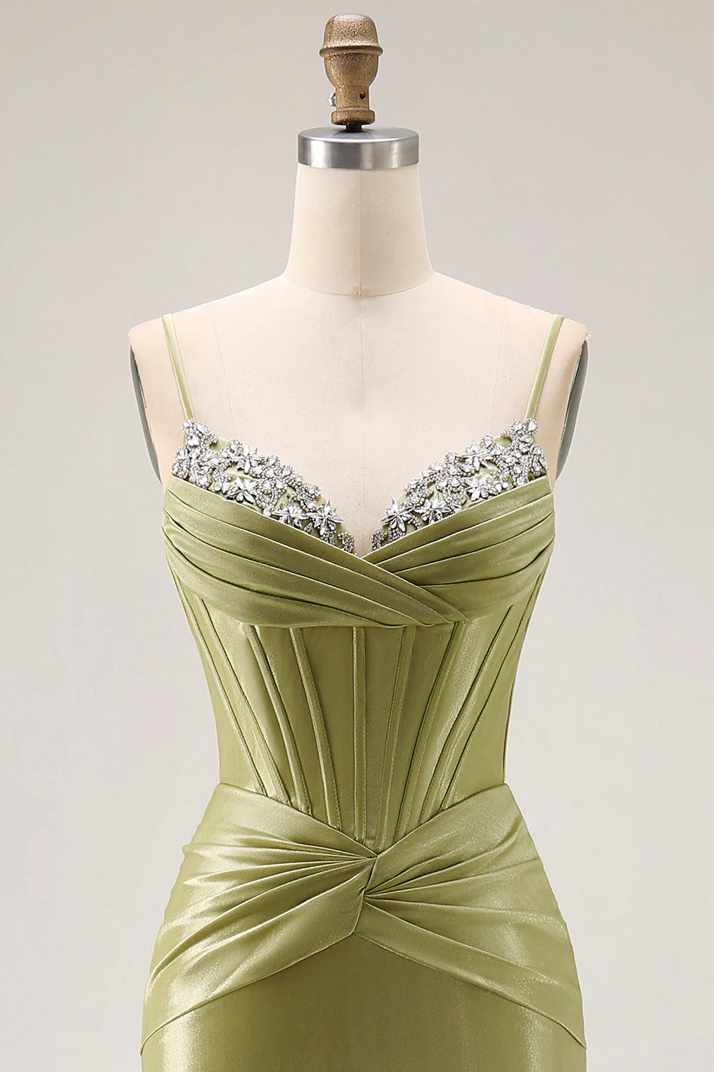 Robe de soirée longue sirène verte bustier perlé dos dentelle - Image 4