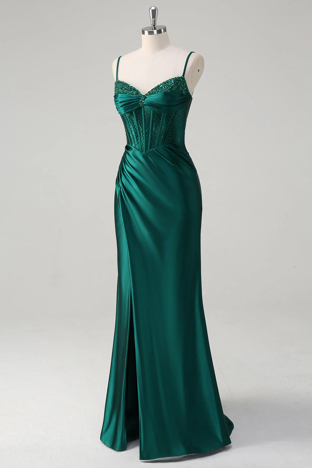 Robe de soirée longue style corset sirène à perles scintillantes vert foncé avec fente - Image 5