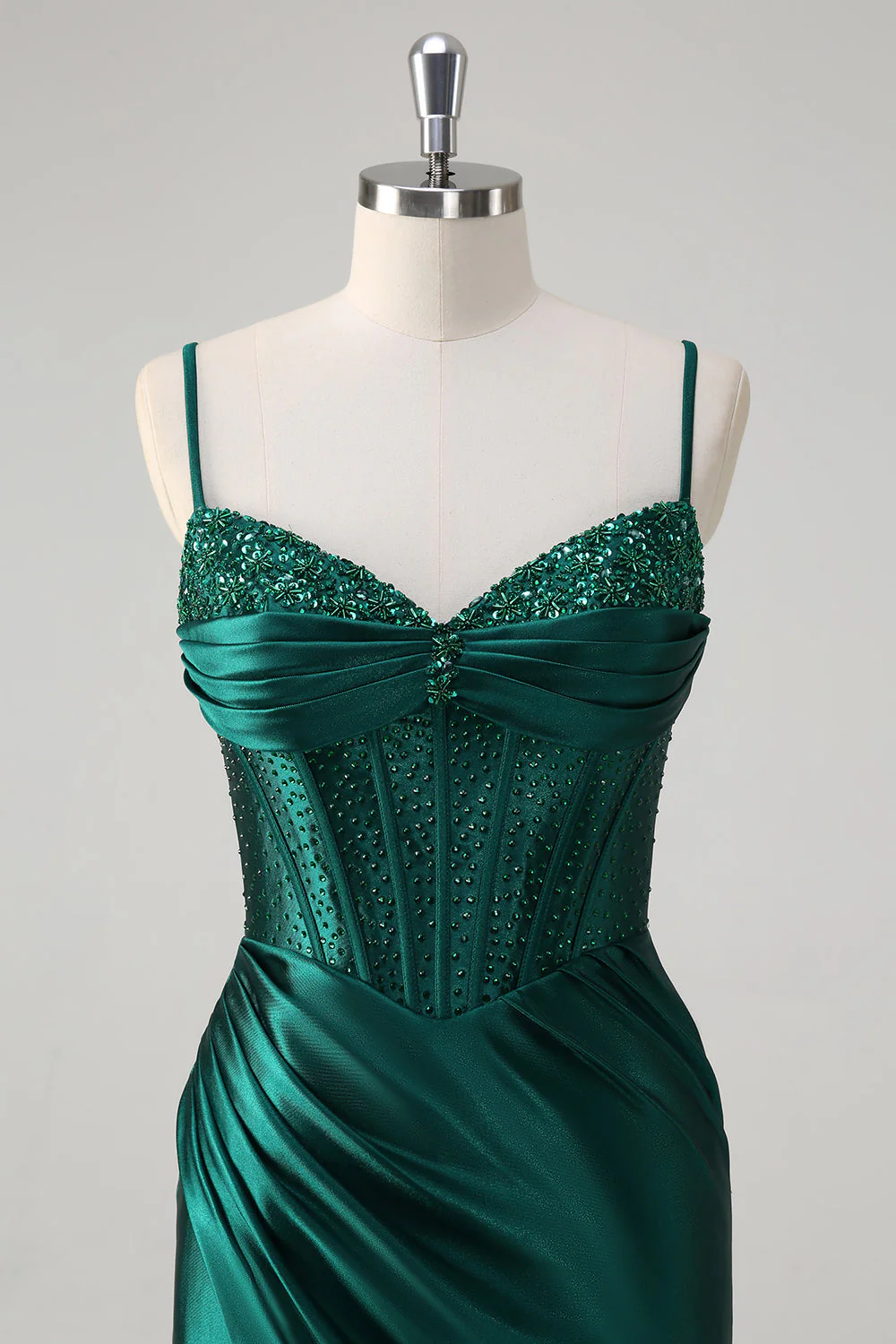 Robe de soirée longue style corset sirène à perles scintillantes vert foncé avec fente - Image 6