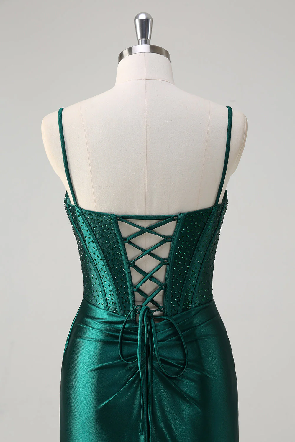 Robe de soirée longue style corset sirène à perles scintillantes vert foncé avec fente - Image 7