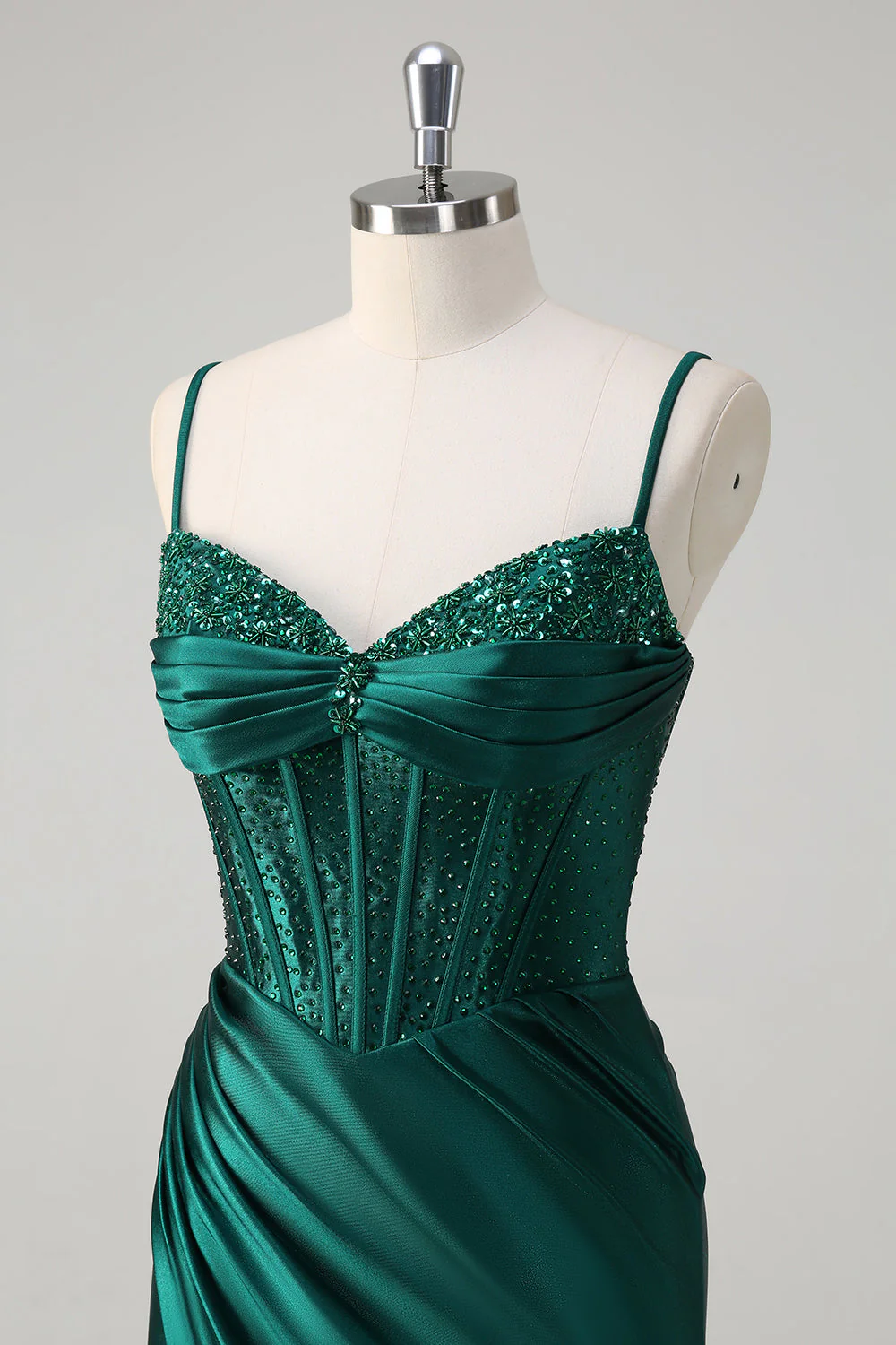 Robe de soirée longue style corset sirène à perles scintillantes vert foncé avec fente - Image 8