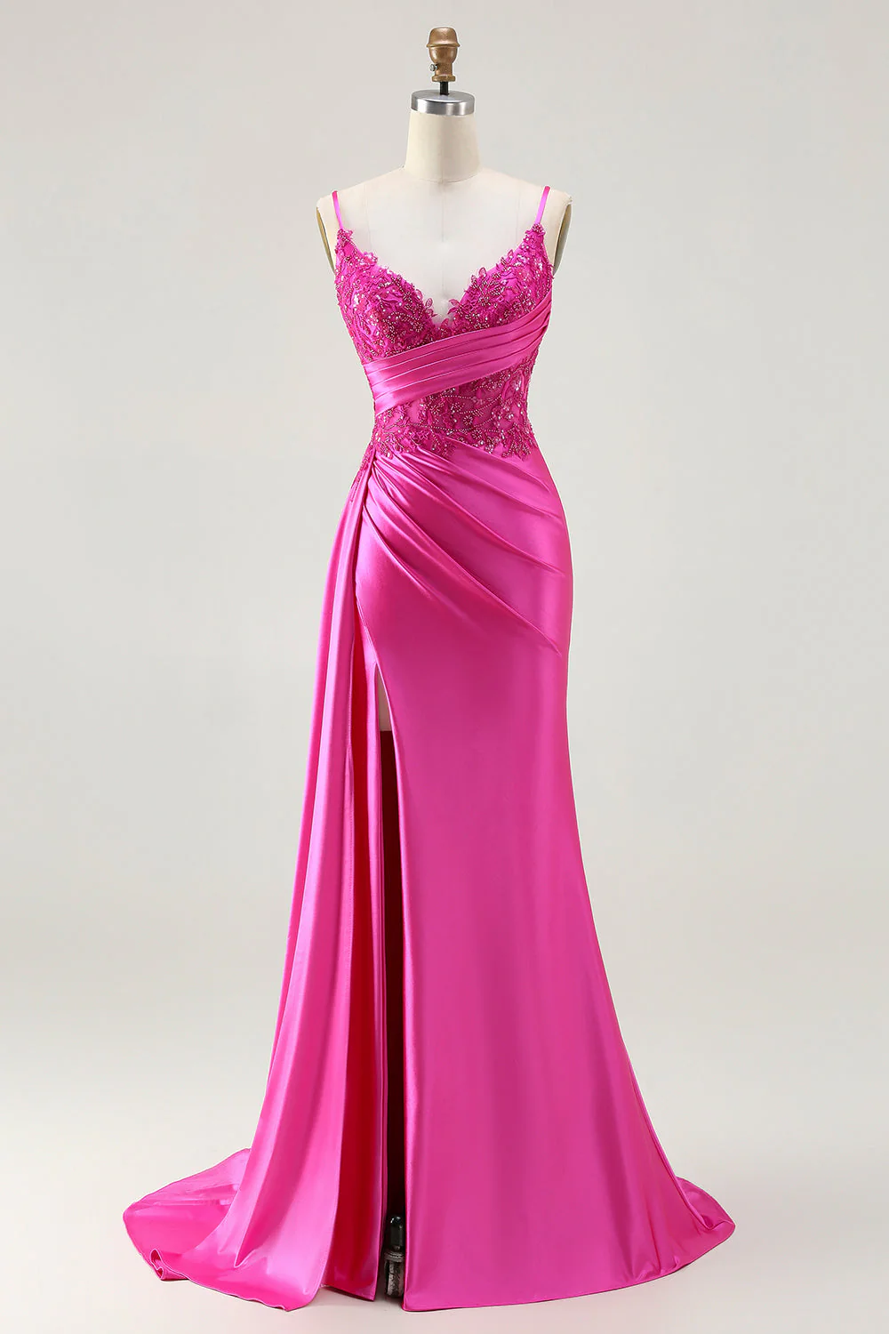 Robe de soirée longue sirène fuchsia perlée avec fente