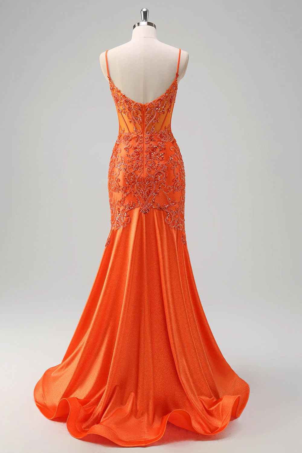 Robe de bal longue perlée sirène sirène orange à bretelles spaghetti - Image 2