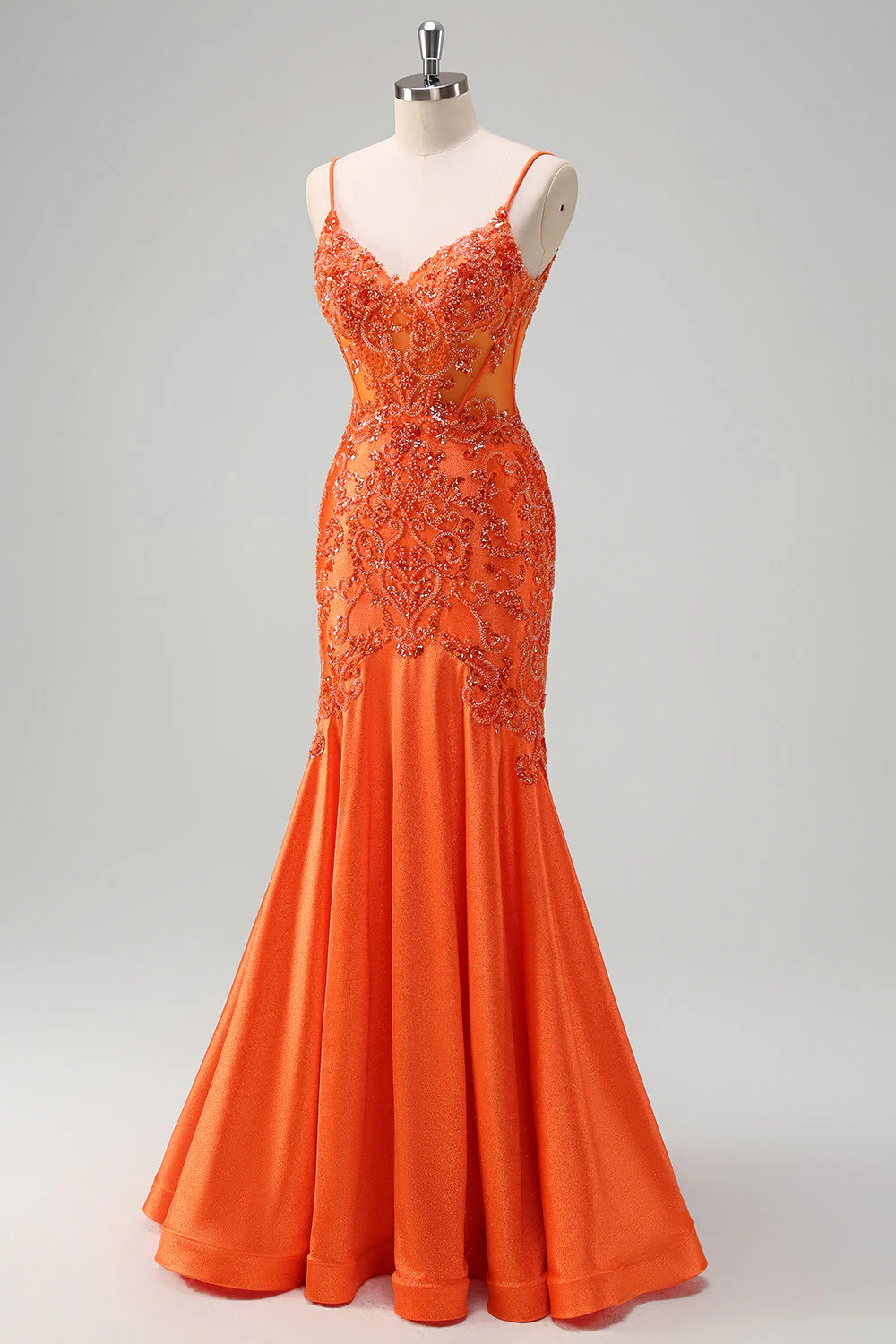 Robe de bal longue perlée sirène sirène orange à bretelles spaghetti - Image 3