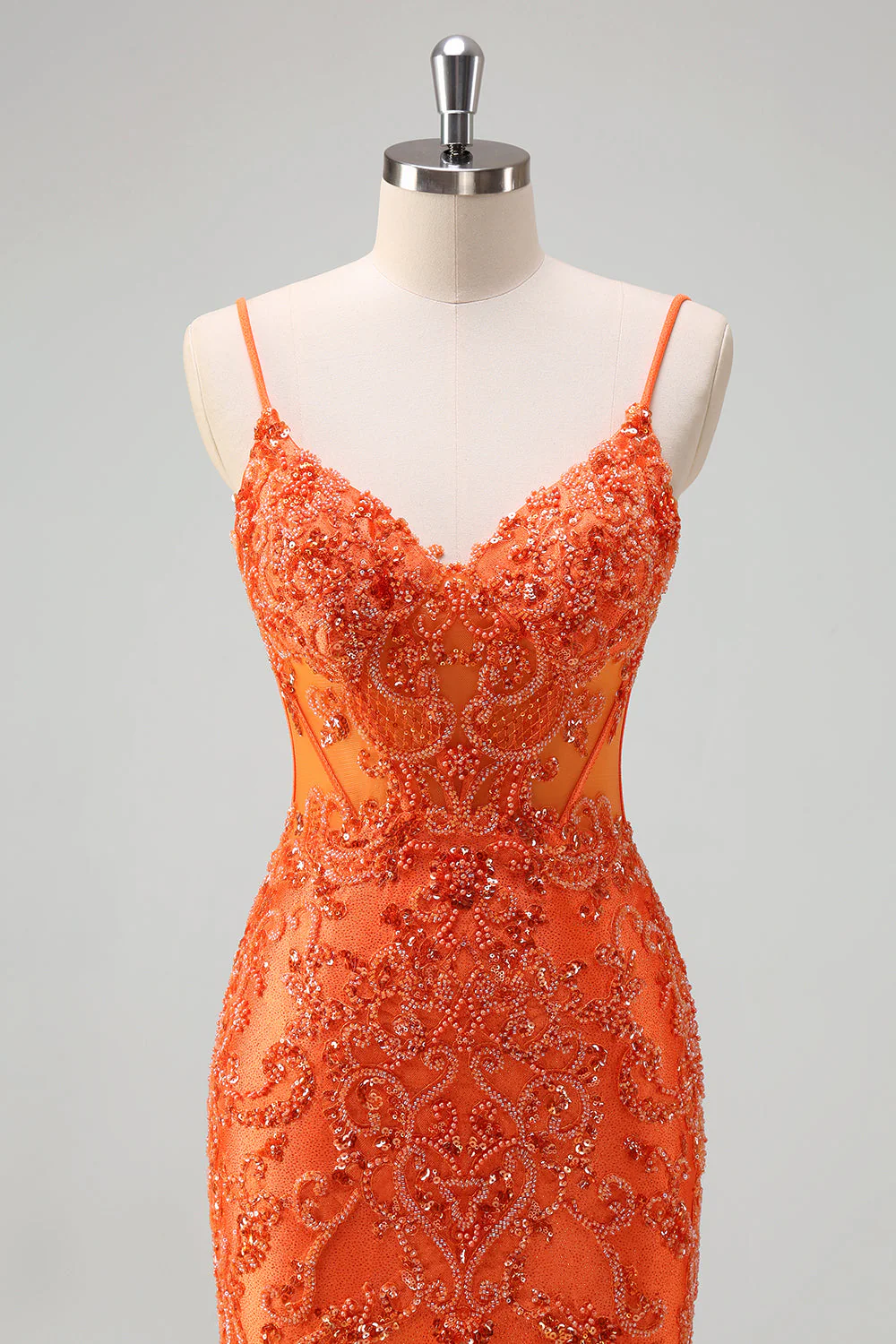 Robe de bal longue perlée sirène sirène orange à bretelles spaghetti - Image 4